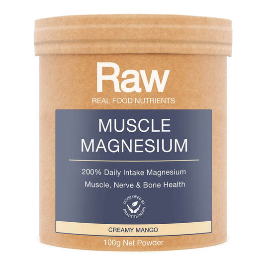 Container of Raw Muscle Magnesium powder with a creamy mango flavour on a white background.