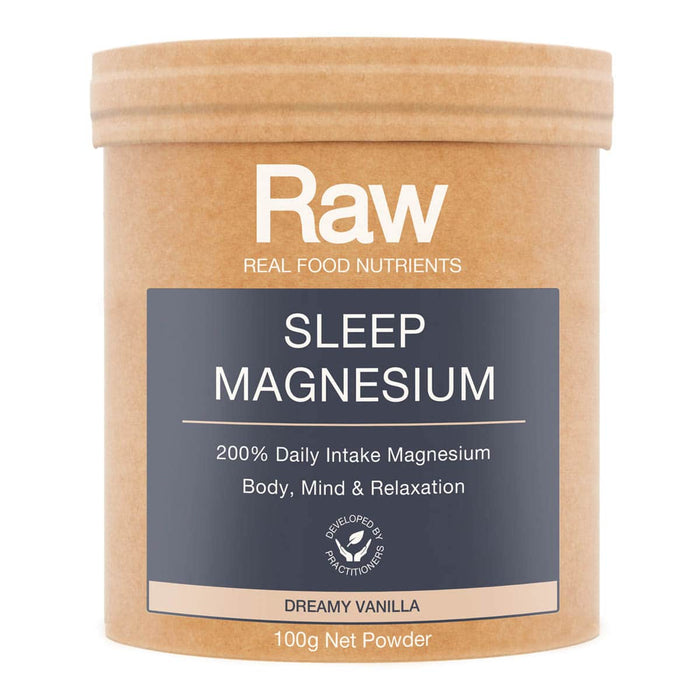 Front of container of Amazonia Raw Sleep Magnesium body, mind & relaxation.