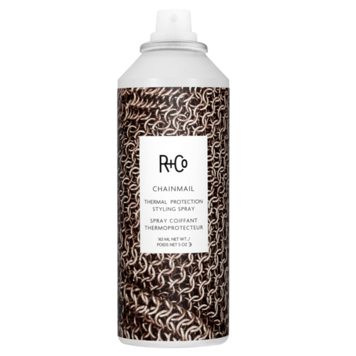 R+Co CHAINMAIL, heat protectant spray, 450 degree heat protection, thermal styling spray, shine-enhancing hair spray, flexible hold hair mist, hair protection from hot tools, styling spray with heat shield, anti-frizz thermal spray, sleek finish hair spray