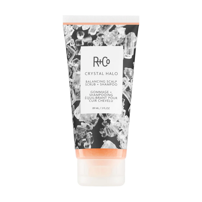 R+Co CRYSTAL HALO scalp scrub, purifying shampoo for buildup, detoxifying scalp treatment, exfoliating scalp shampoo, balancing hair cleanser, shampoo scrub for healthy scalp, follicle-stimulating hair wash, scalp care for dry scalp, deep cleansing shampoo scrub, invigorating scalp shampoo