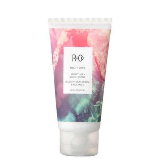 moisture shine cream, R+Co HIGH DIVE, hydrating cream for hair, frizz control cream, shine cream for hair, deep hydration hair product, cruelty-free hair cream, vegan hair cream, smooth frizz, shine-enhancing cream, travel-size hair cream, softening hair cream