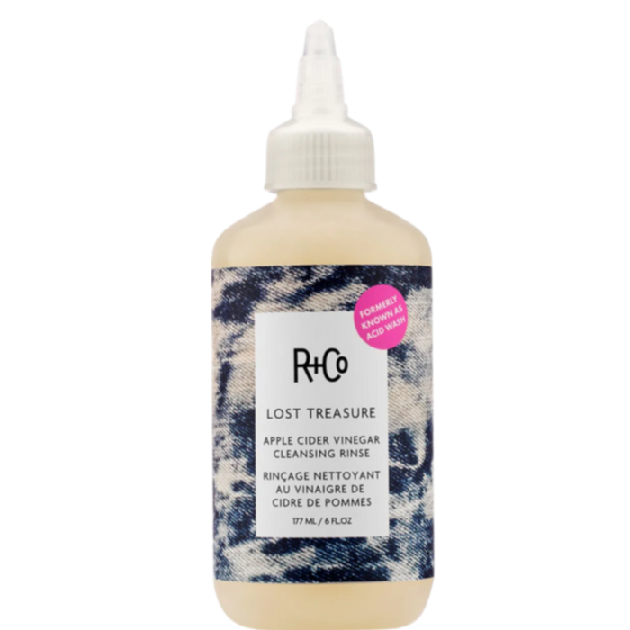 R+Co LOST TREASURE rinse, apple cider vinegar hair cleanser, ACV scalp treatment, clarifying rinse for buildup, shine-enhancing hair rinse, color-safe hair detox, natural hair cleanser, post-workout hair rinse, scalp soothing cleansing rinse, gentle hair clarifier