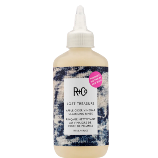R+Co LOST TREASURE rinse, apple cider vinegar hair cleanser, ACV scalp treatment, clarifying rinse for buildup, shine-enhancing hair rinse, color-safe hair detox, natural hair cleanser, post-workout hair rinse, scalp soothing cleansing rinse, gentle hair clarifier