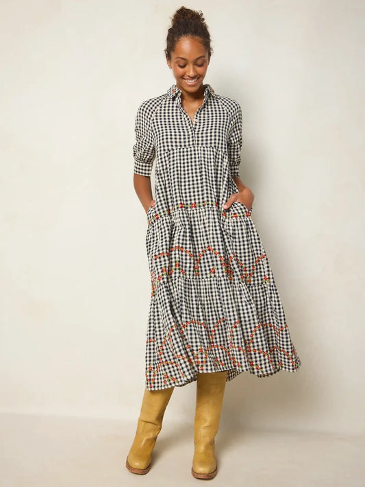 Rebecca Embroidered Cotton Midi Dress - Black Gingham-view 1