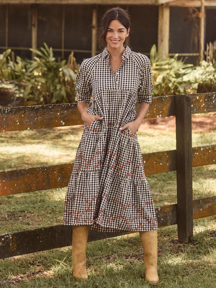 Rebecca Embroidered Cotton Midi Dress - Black Gingham-view 3