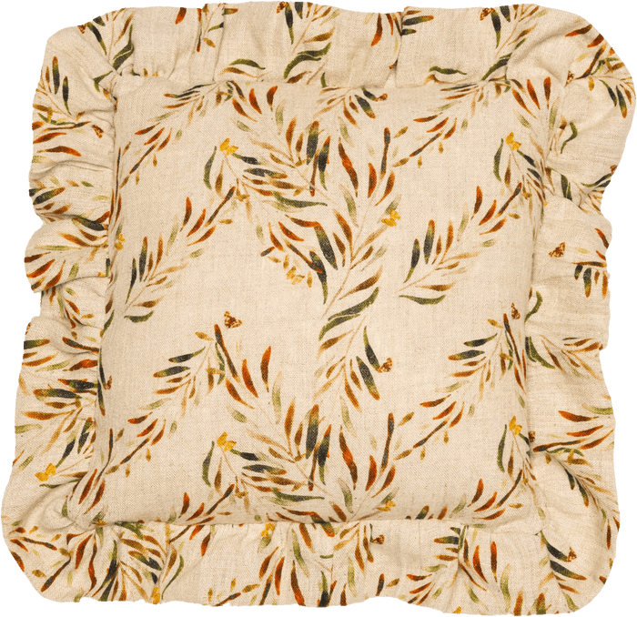 Full view of the Red Palm Organic Linen Ruffled Pillow Cover
