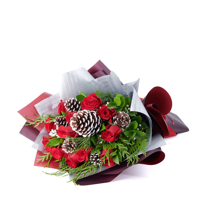 Red Roses and Baby's Breath Bouquet with Pine Cone Accents – the bouquet
