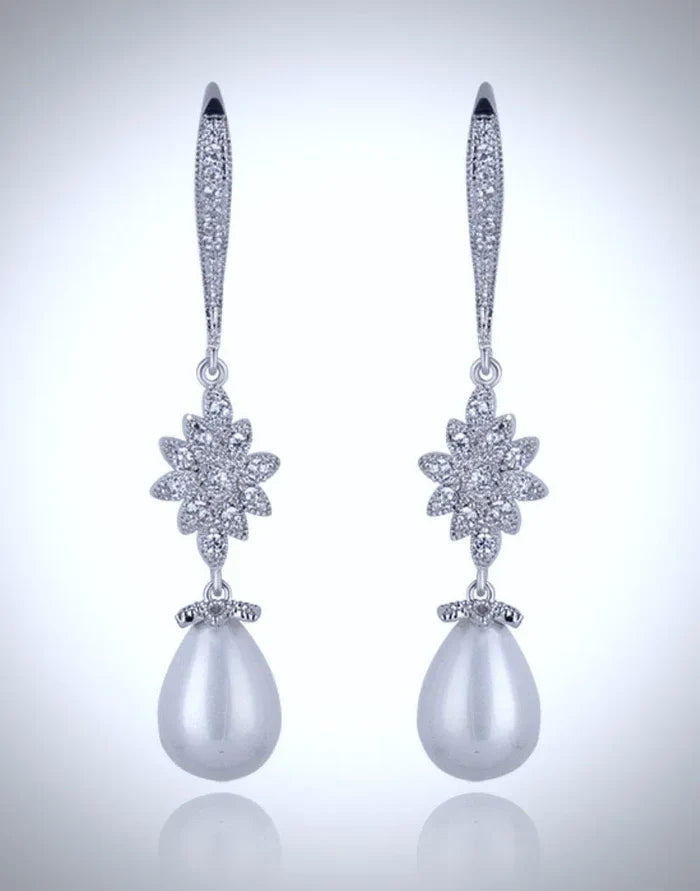 Wedding Jewelry - Pearl and Cubic Zirconia Bridal Earrings