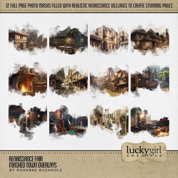 Great for genealogy and family history albums as well as Renaissance Fair or Medieval Faire Festival digital art pages, these beautiful vintage village overlays with transparent edges by Lucky Girl Creative blend seamlessly into any background paper and make the perfect backdrop for authentic scrapbooking pages.