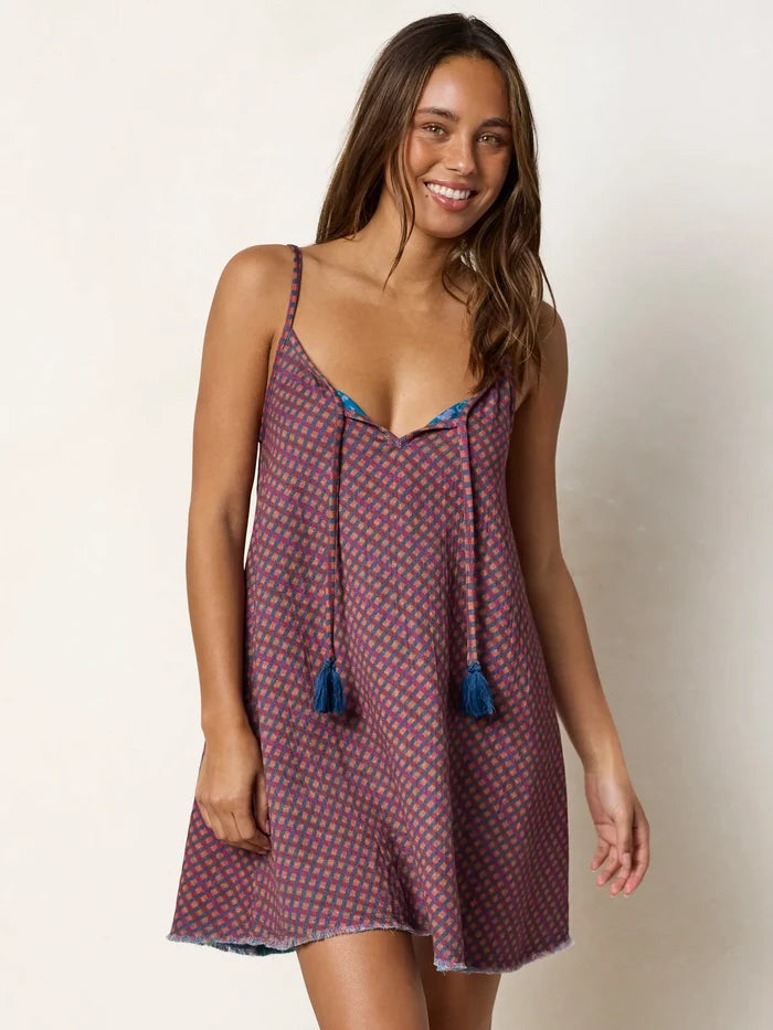 Reversible Cotton Gauze Mini Dress - Magenta Navy Gingham-view 1