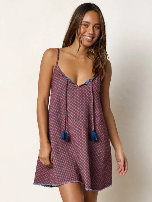 Reversible Cotton Gauze Mini Dress - Magenta Navy Gingham-view 1