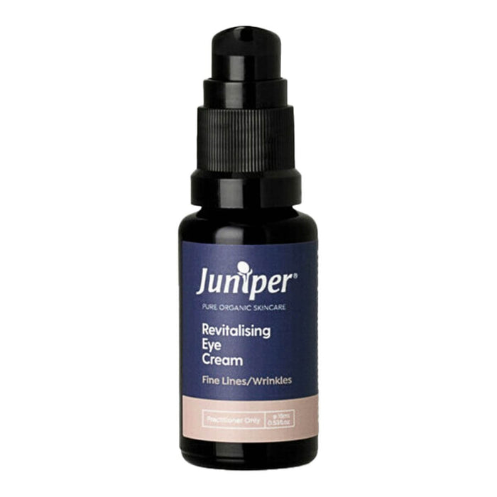 Juniper revitalising eye cream bottle on a white background