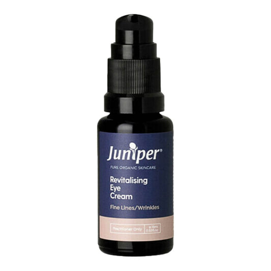 Juniper revitalising eye cream bottle on a white background