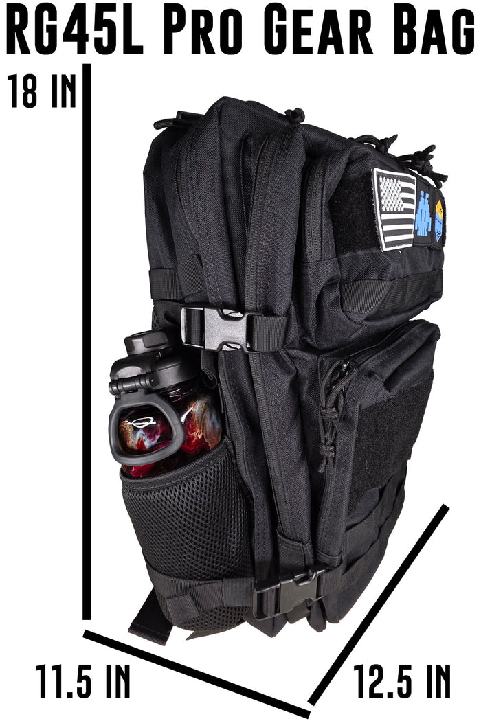 Black tactical gear bag with measurements and a water bottle on a white background