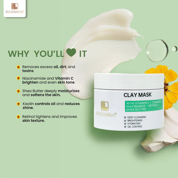 Roxanna Turmeric & Vitamin C Clay Mask 130g – Deep Pore Cleanse, Brightening Face Mask, Oil Control & Hydrating Skincare