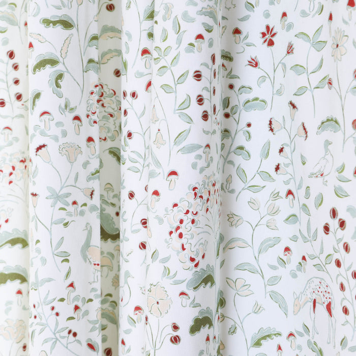 Ruby Moss custom sheer curtains featuring hand-painted floral and woodland creature design by Pepper Home.