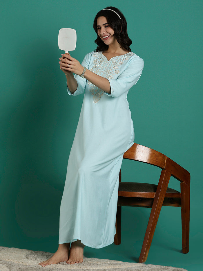 Aqua Blue Embroidered Nighty Dress for Women with Pocket