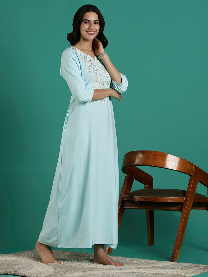 Aqua Blue Embroidered Nighty Dress for Women with Pocket