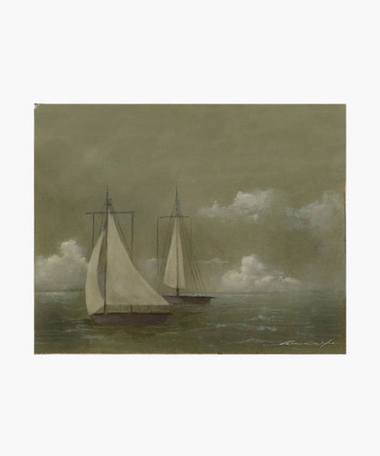 An art reproduction of the original painting of dhows at sea with sails by Hannah Winters. | Wildwood Home Co.