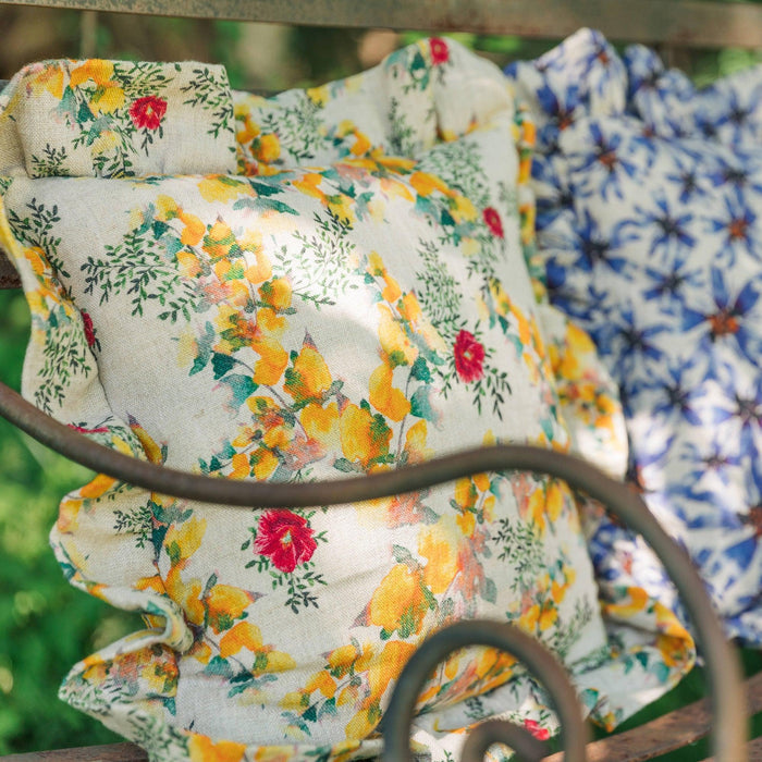 Close-up of the fabric and print on the Saint Valentine Organic Linen Ruffled Pillow Cover