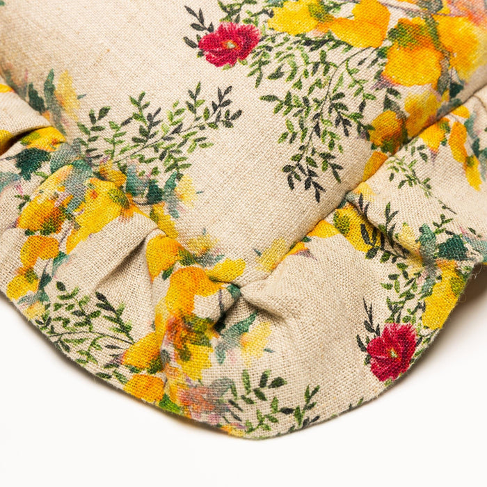 Close view of the ruffled corner and linen fabric on the Saint Valentine Organic Linen Ruffled Pillow Cover