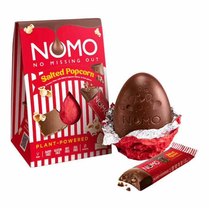 NOMO chocolate easter egg showing unwrapped egg and bar with packaging on a white background