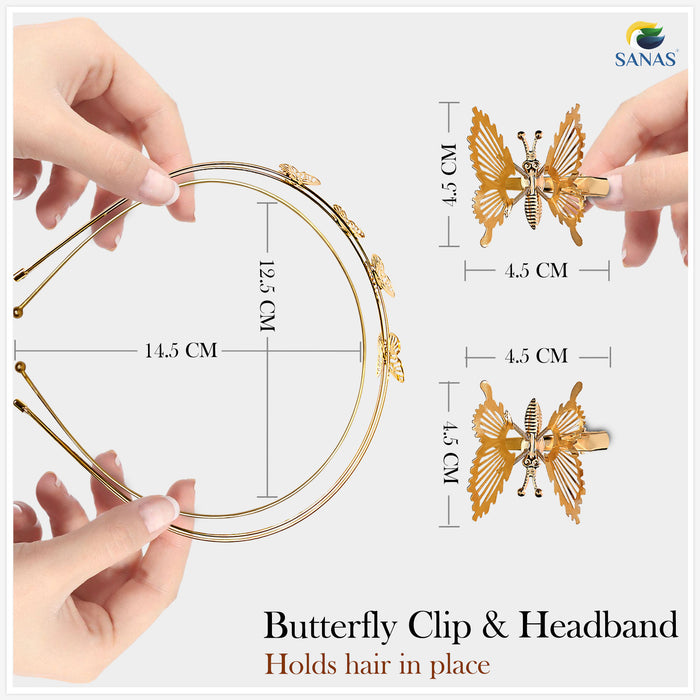 Golden Butterfly Hair Clips and Metal Hairband Set for Women
