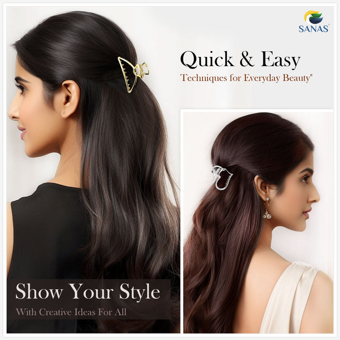 Assorted metallic hair clips styled in women's hair