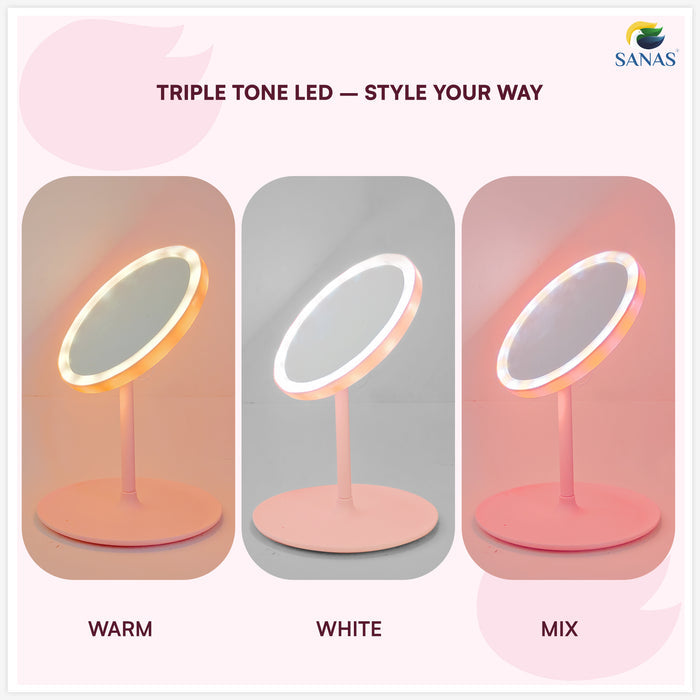 Cosmetic mirror with lights pink round design
