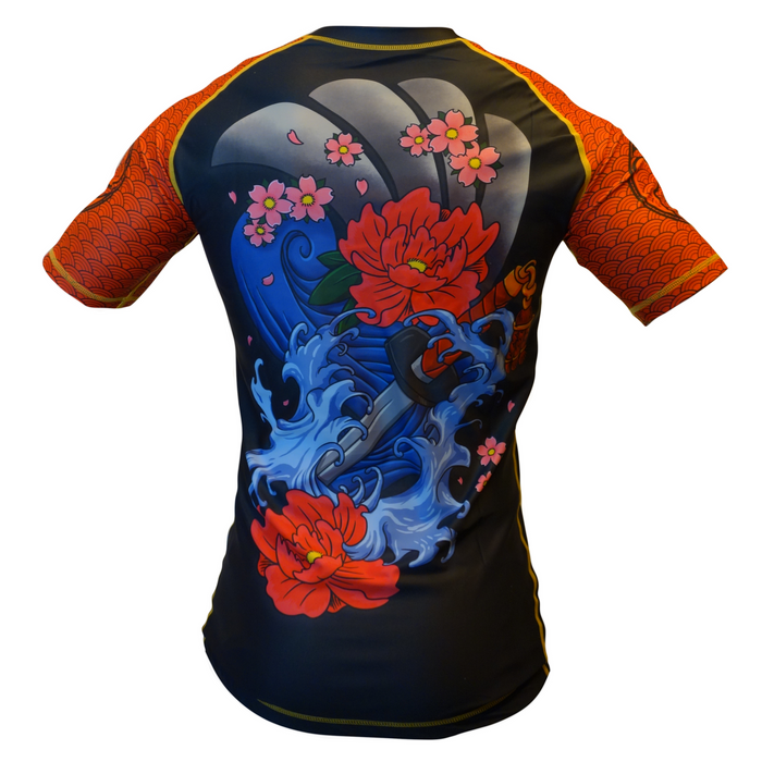 The Savage Oni BJJ Rash Guard by Retro Grappler is a short-sleeved athletic shirt with red scale-pattern sleeves and a striking back design of ocean waves, red flowers, and pink petals, inspired by bold Japanese art.