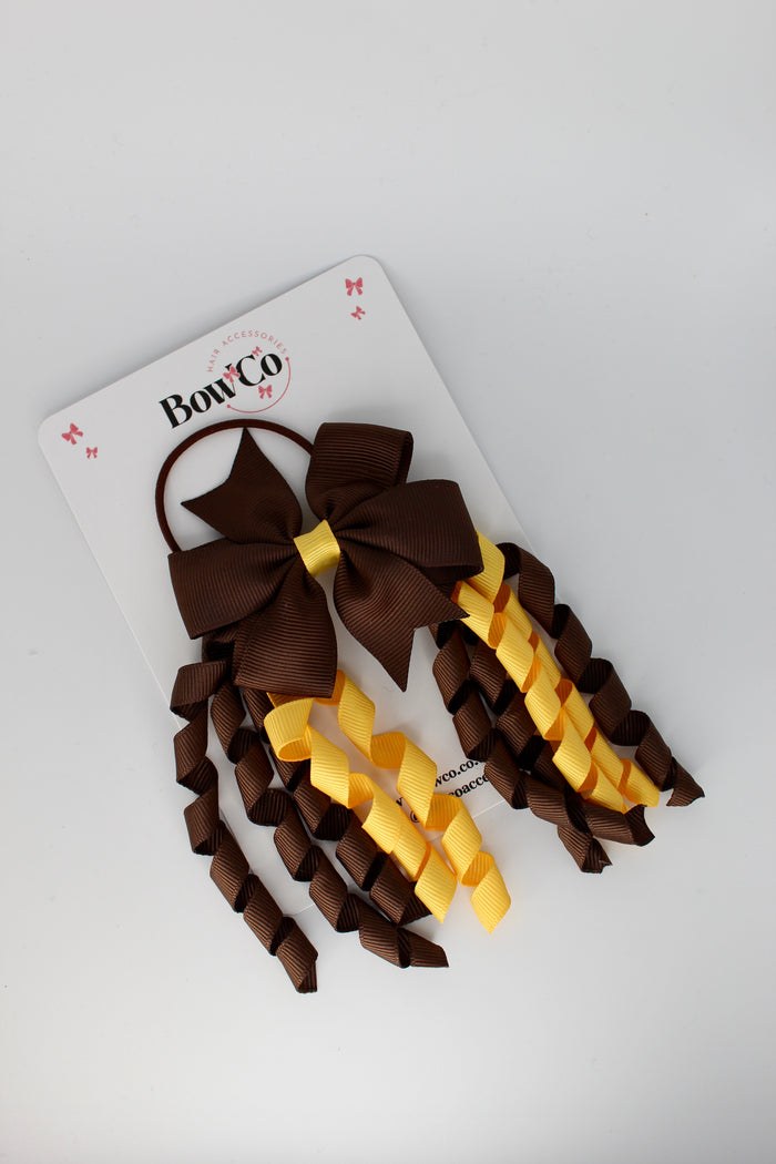 School Bow Brown and Yellow Gold - Pinwheel Corker Bow - Elastic
