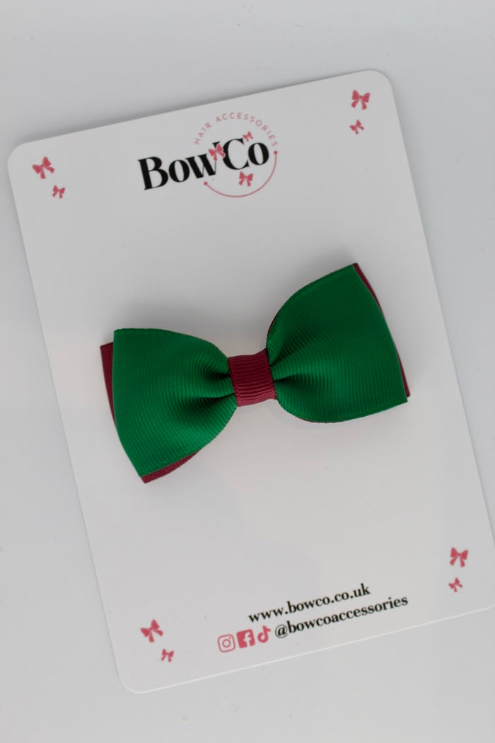 School Bow Forest Green and Burgundy - Double Lapel Bow - Clip