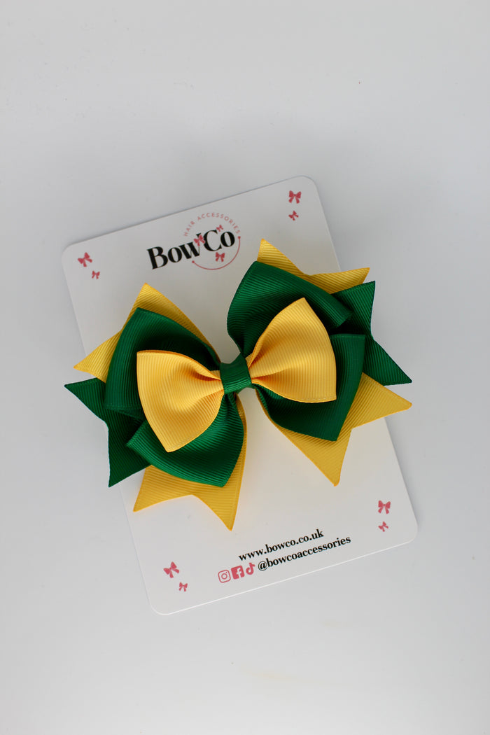 School Bow Forest Green and Yellow Gold Layer Bow - Clip