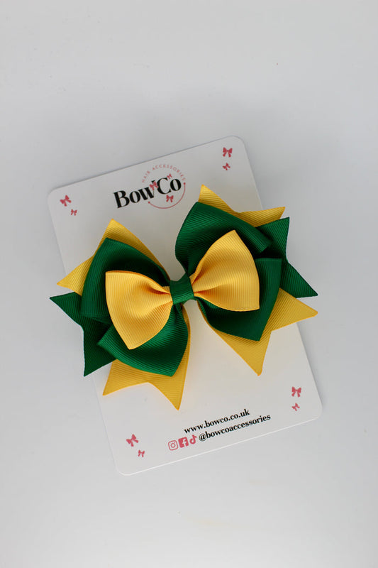 School Bow Forest Green and Yellow Gold Layer Bow - Clip