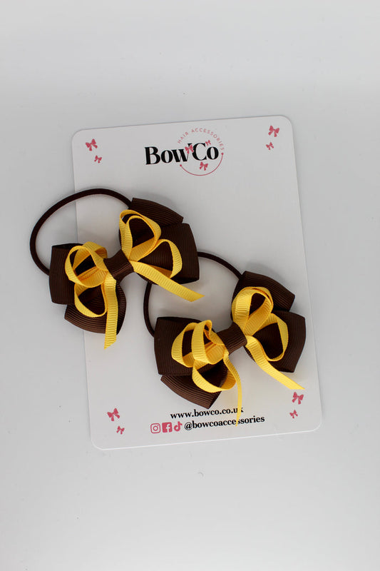 School Bows Brown and Yellow Gold - Double Bow Set - Elastic