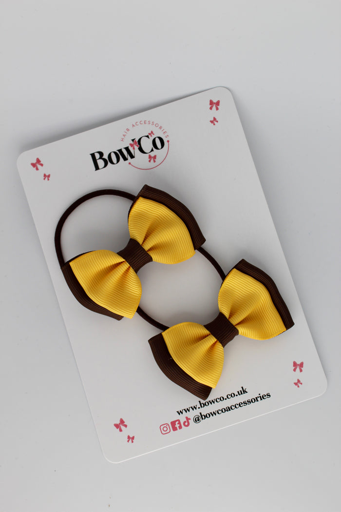 School Bows Brown and Yellow Gold - Double Ribbon Bow Set - Elastic