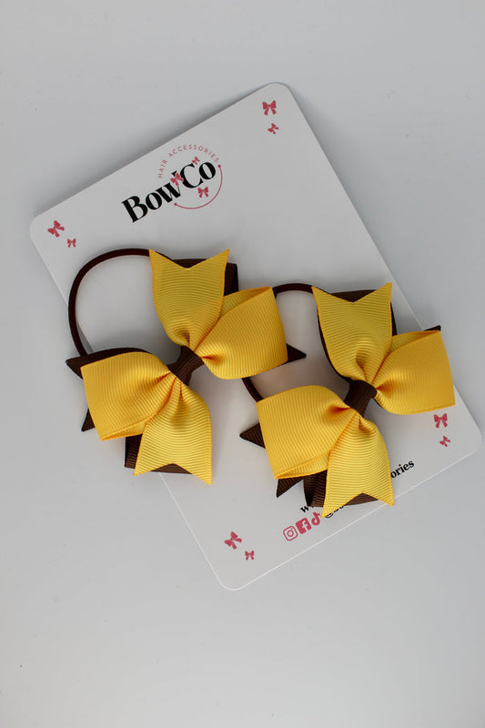 School Bows Brown and Yellow Gold - Layer Tail Bow Set - Elastic