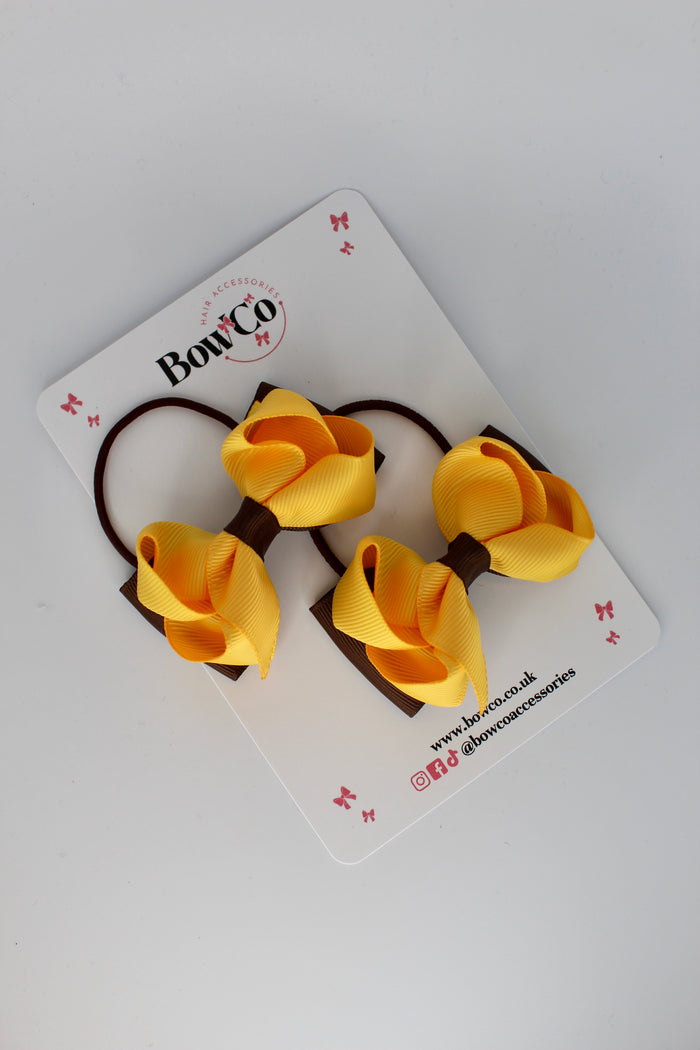 School Bows Brown and Yellow Gold - Pleated Bow Set - Elastic