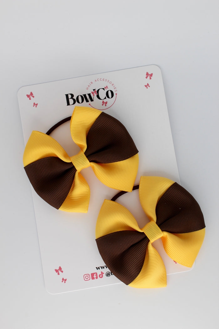 School Bows Brown and Yellow Gold - Round Tuxedo Bow Set - Elastic