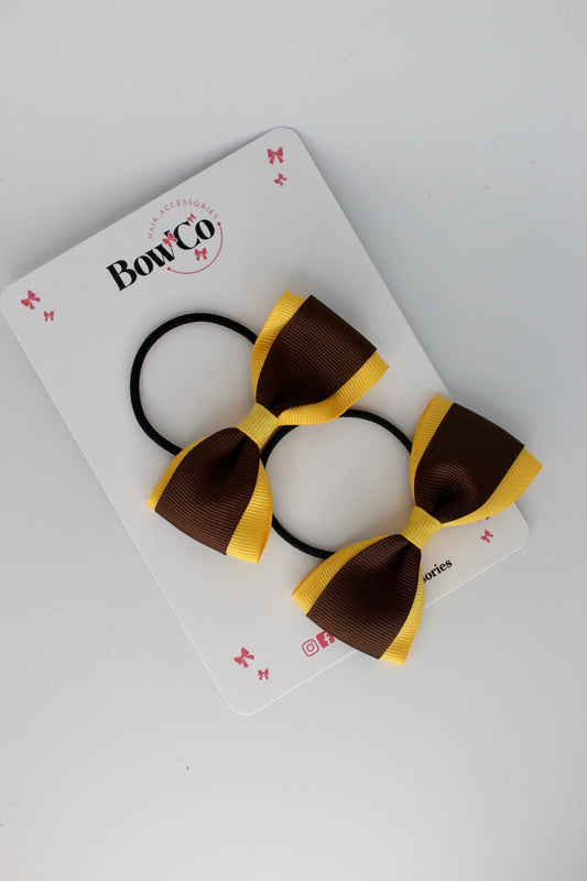 School Bows Brown and Yellow Gold - Tuxedo Bow Set - Elastic