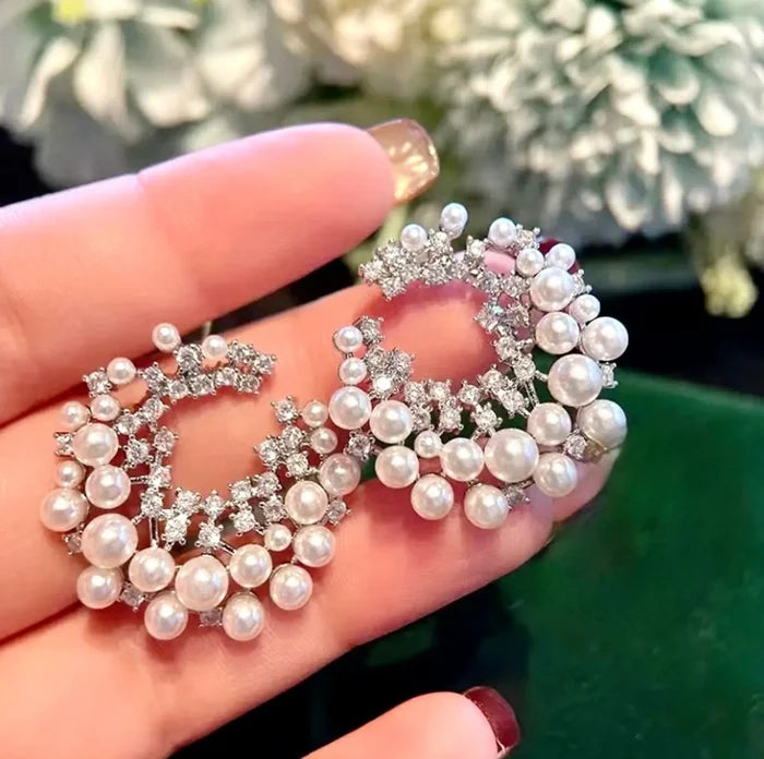 Wedding Jewelry - Pearl and Cubic Zirconia Bridal Earrings
