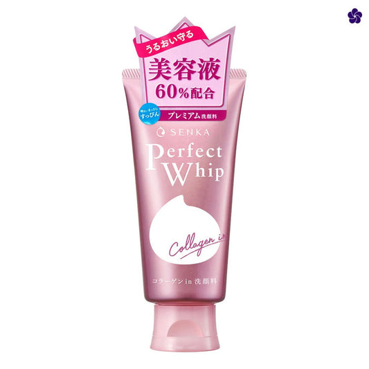 SENKA - Perfect Whip Collagen in Cleansing Foam 120gr. Senka pink best japanese face wash cleanser. Murasaki Cosmetics. Japanese skincare shop in Netherlands. Free shipping Europe