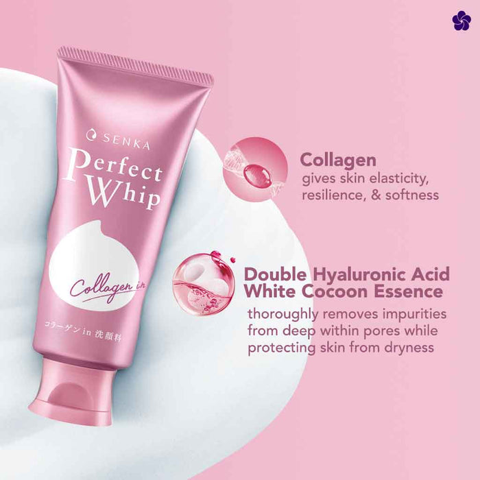 Senka Pink. Senka Perfect Whip Collagen in Cleansing Foam. Best Japanese facial Cleanser. Murasaki Cosmetics Japanese skincare shop in Netherlands & Belgium. Shiseido skincare