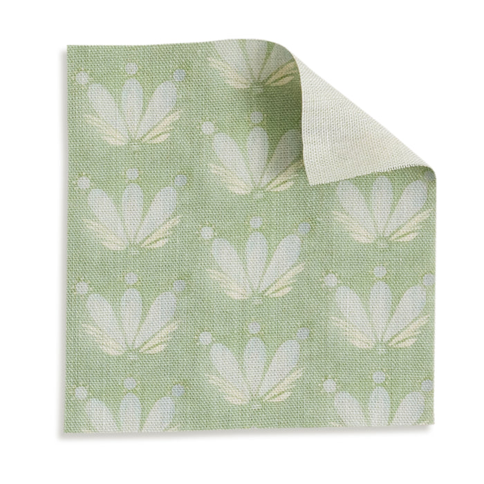 Serena Sea Salt Printed Linen Curtain green floral fabric swatch, made to order and manufactured in USA