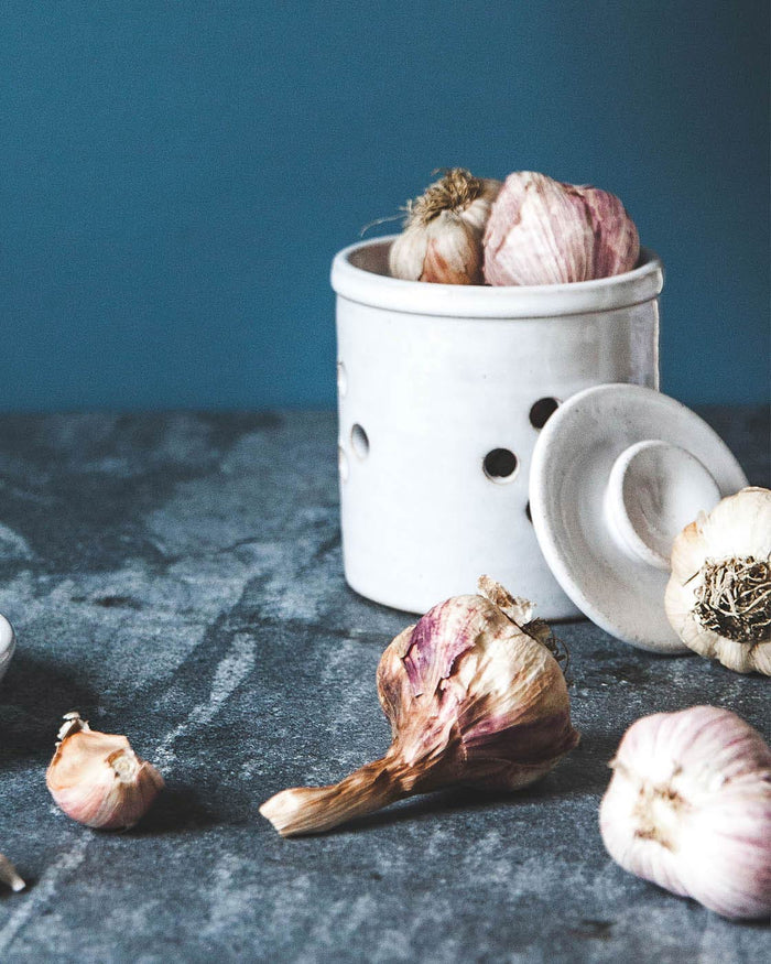 Silo Stoneware Garlic Keeper — garlic bulbs in the open keeper; Farmhouse Pottery