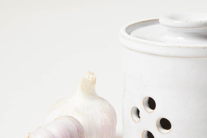 Silo Stoneware Garlic Keeper — close view of lid and pierced sides; Farmhouse Pottery