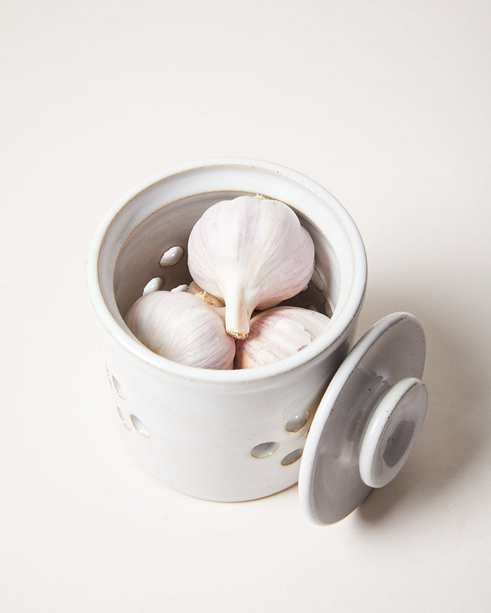 Silo Stoneware Garlic Keeper — open keeper viewed from above; Farmhouse Pottery