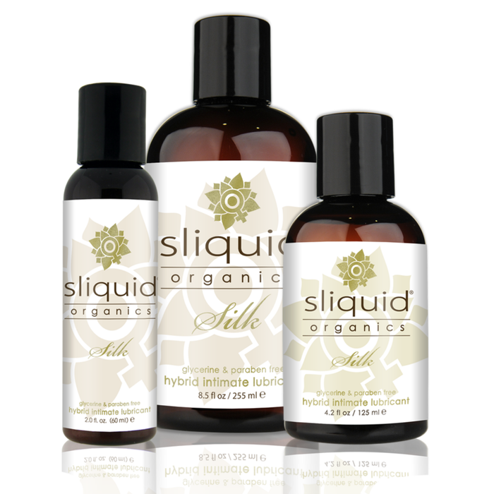 An image of Sliquid Organics Silk Hybrid in bottles of 60ml, 125ml, and 255ml.