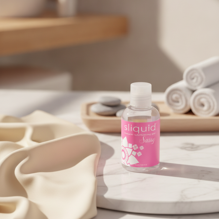Lifestyle spa setting photo showing a clear bottle of Sliquid Sassy natural lubricating gel with a bright pink label resting on a marble vanity top next to silk fabric, stacked white hand towels, and massage stones.