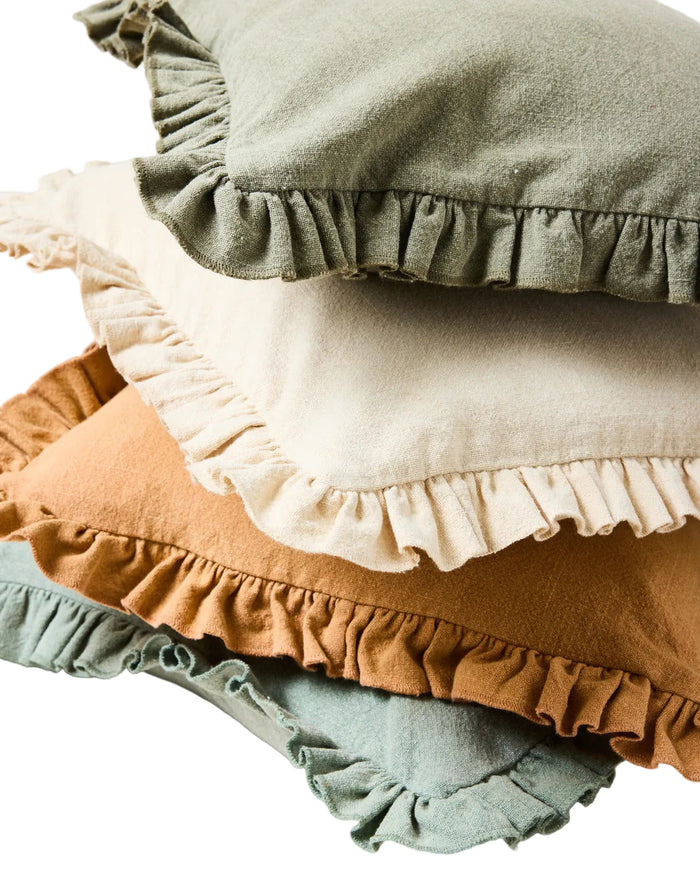 Slubby Cotton Ruffle Throw Pillow — four ruffled pillow colors stacked; Farmhouse Pottery